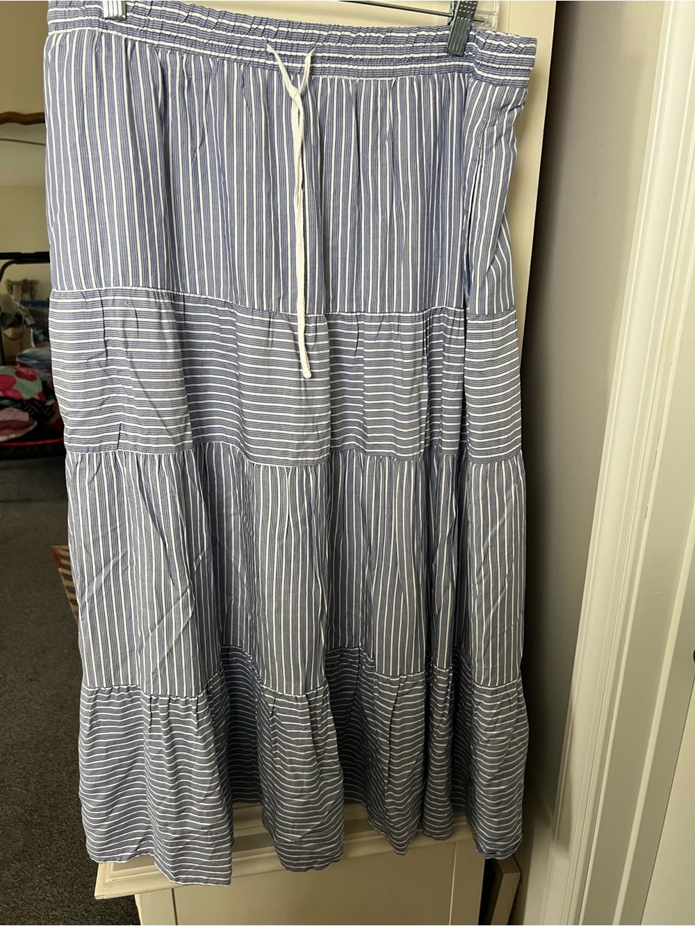 Time and Tru Blue and White Striped Tiered Maxi Skirt with Drawstring Waist